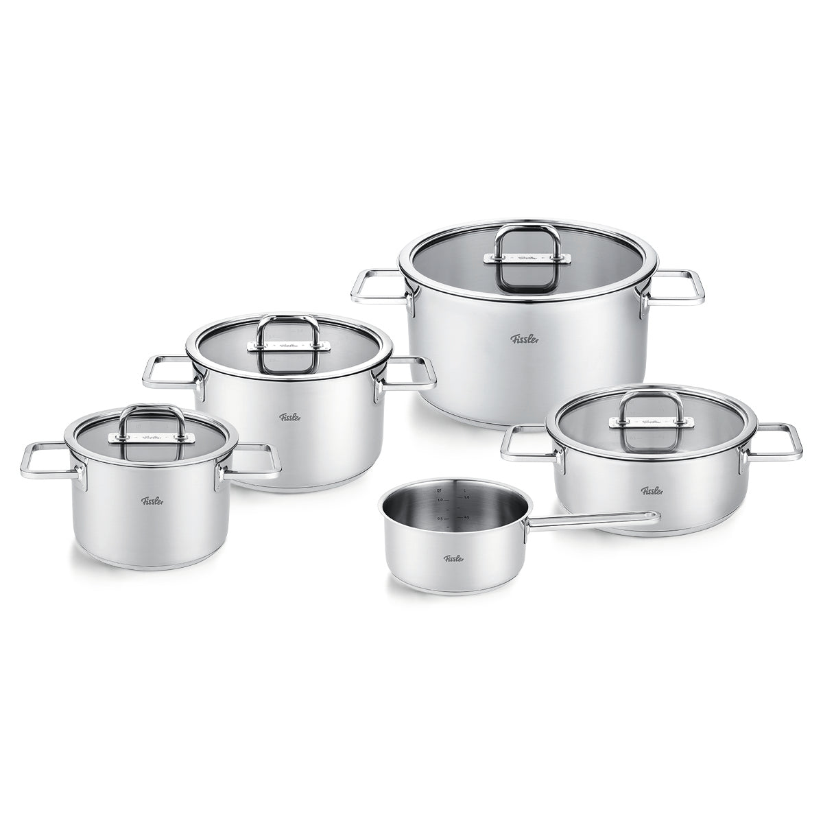 Viseo® Pro 5-piece set: premium 18/10 Stainless Steel, Glass Lid, precision made in Germany. Includes Cooking Pots and Casserole Pot.