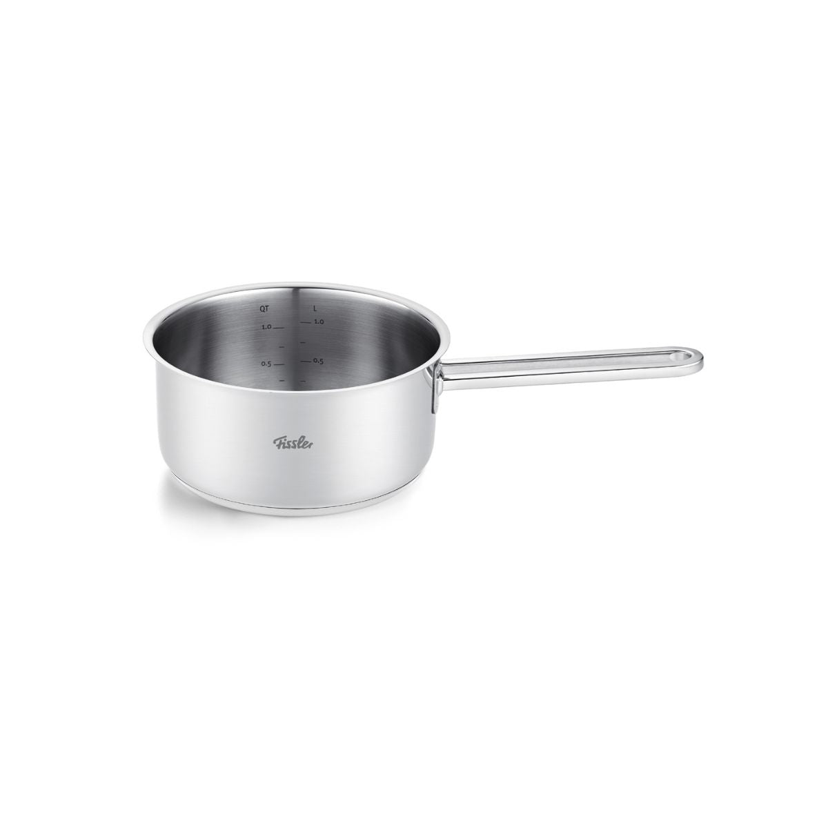 Fissler Viseo® Pro Stainless Steel Saucepan with Long Handle, Glass Lid, and Markings - Timeless German Quality on White Background.