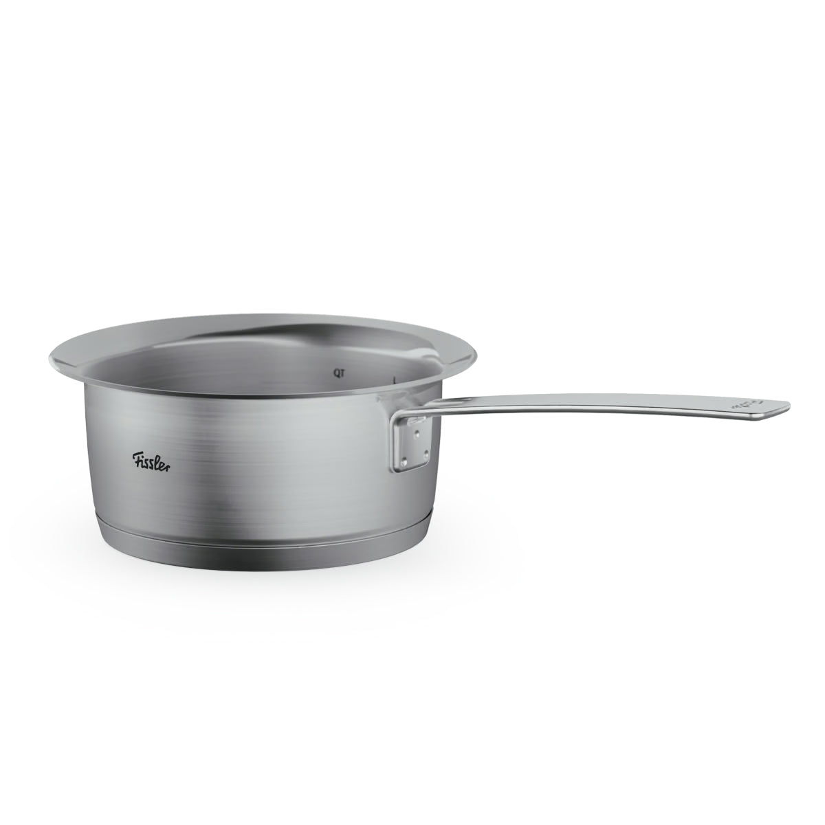 Fissler Phi Collection® stainless steel Stielkasserolle, wide flared rim, long handle, side view. Precision-made in Germany.