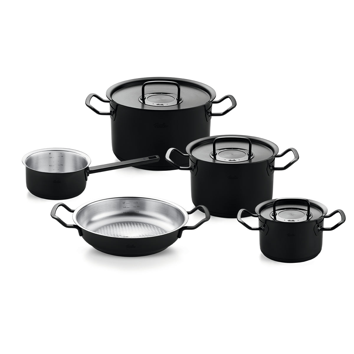 Das 5-teilige Fissler Original-Profi Collection® Shadowline Set in schwarzem High-Tech-PVD, präzisionsgefertigt, auf weißem Grund.