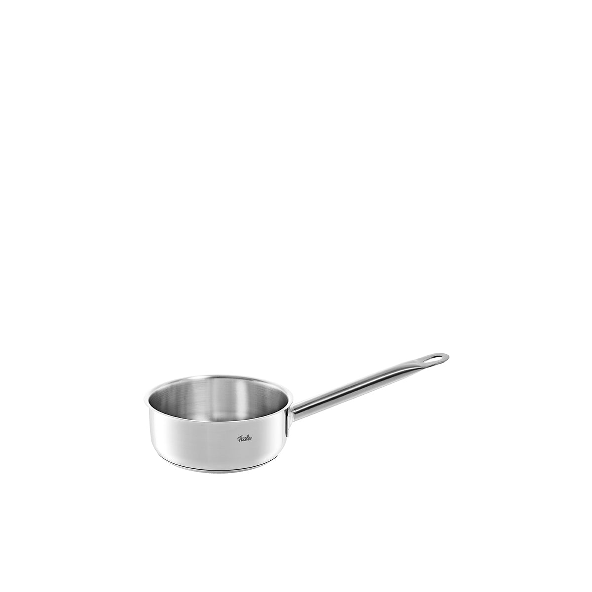 Fissler San Francisco 16 cm saucepan, 18/10 stainless steel, long handle, logo detail, suitable for induction. Modern German design in white.