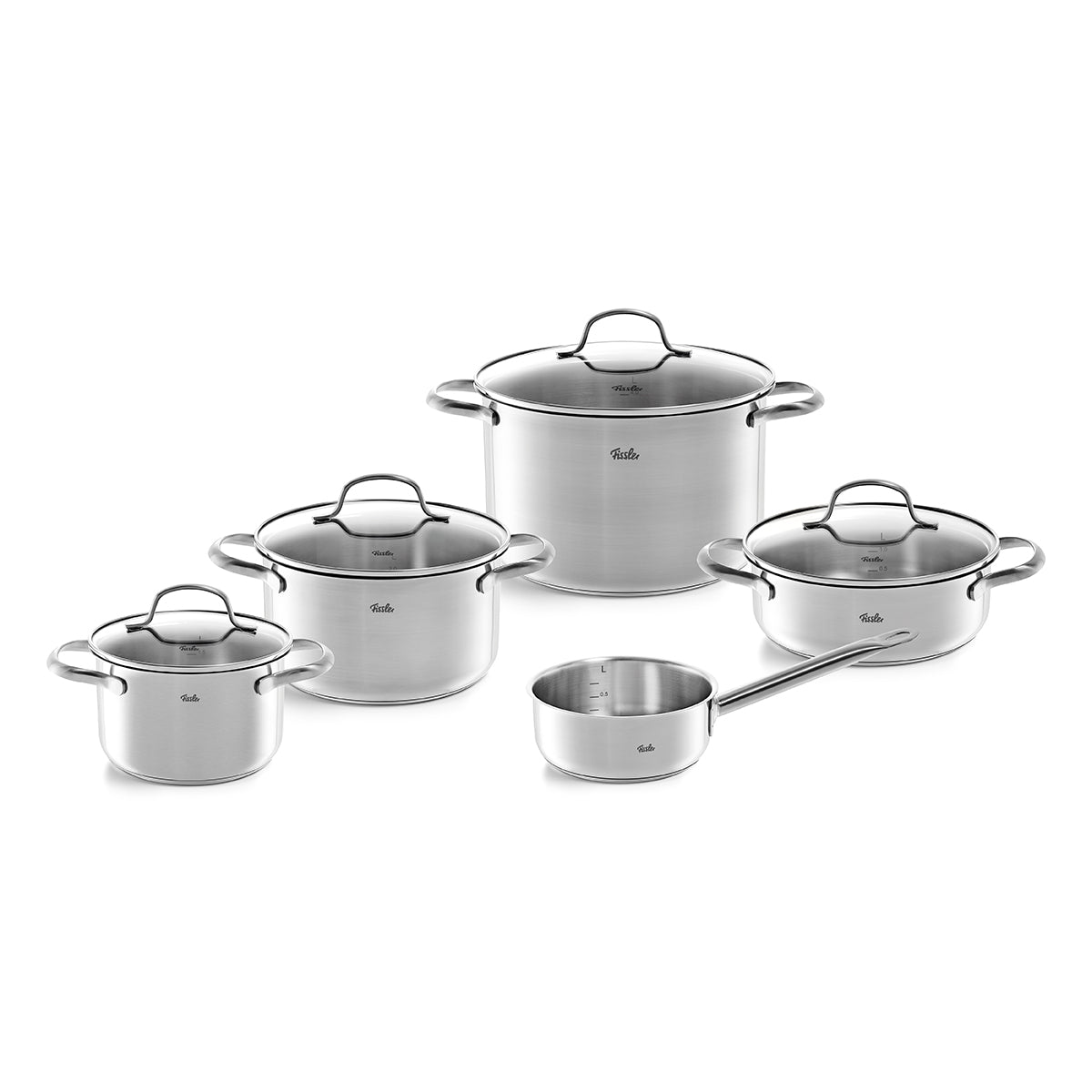 Fissler San Francisco cookware set consisting of five stainless steel pots and a saucepan with glass lids and Superthermic bases, reflecting our heritage of precision German engineering.