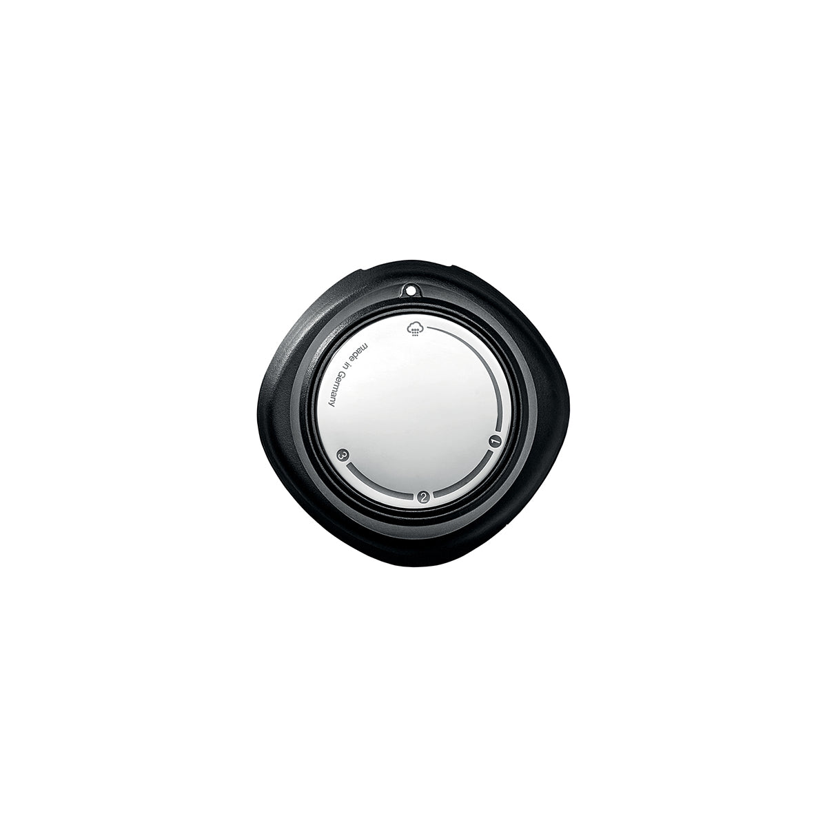 A round, silver-colored pressure valve for the kitchen with precision screws and a smooth surface, reminiscent of Fissler's iconic Vitavit® design.