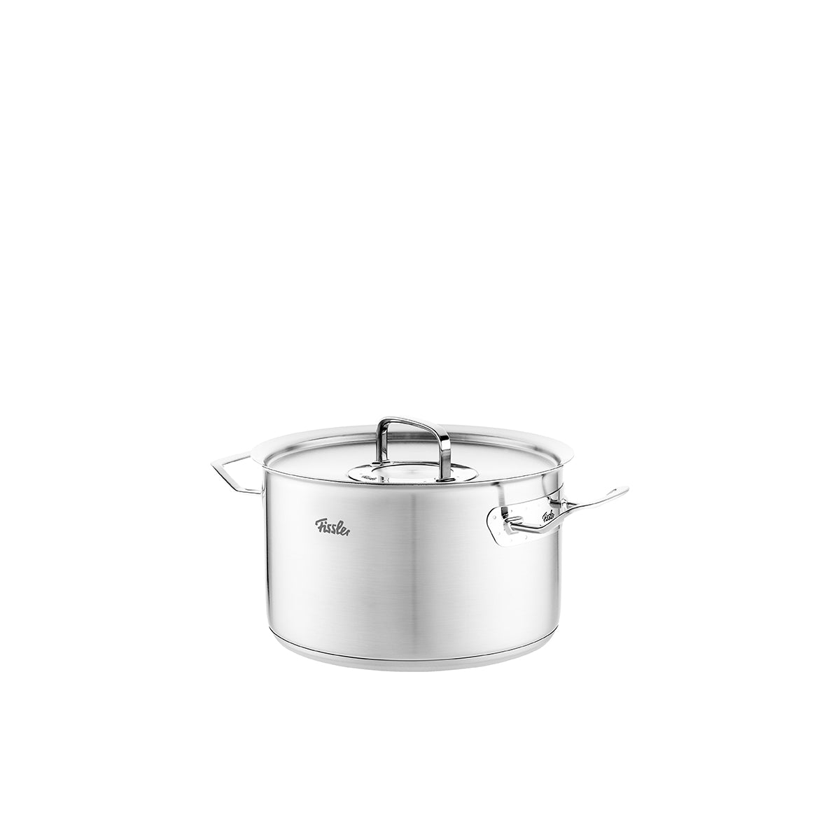 Fissler Original-Profi Collection® Cooking Pot made of stainless steel with Metal Lid and handles, "Made in Germany", on a white background.