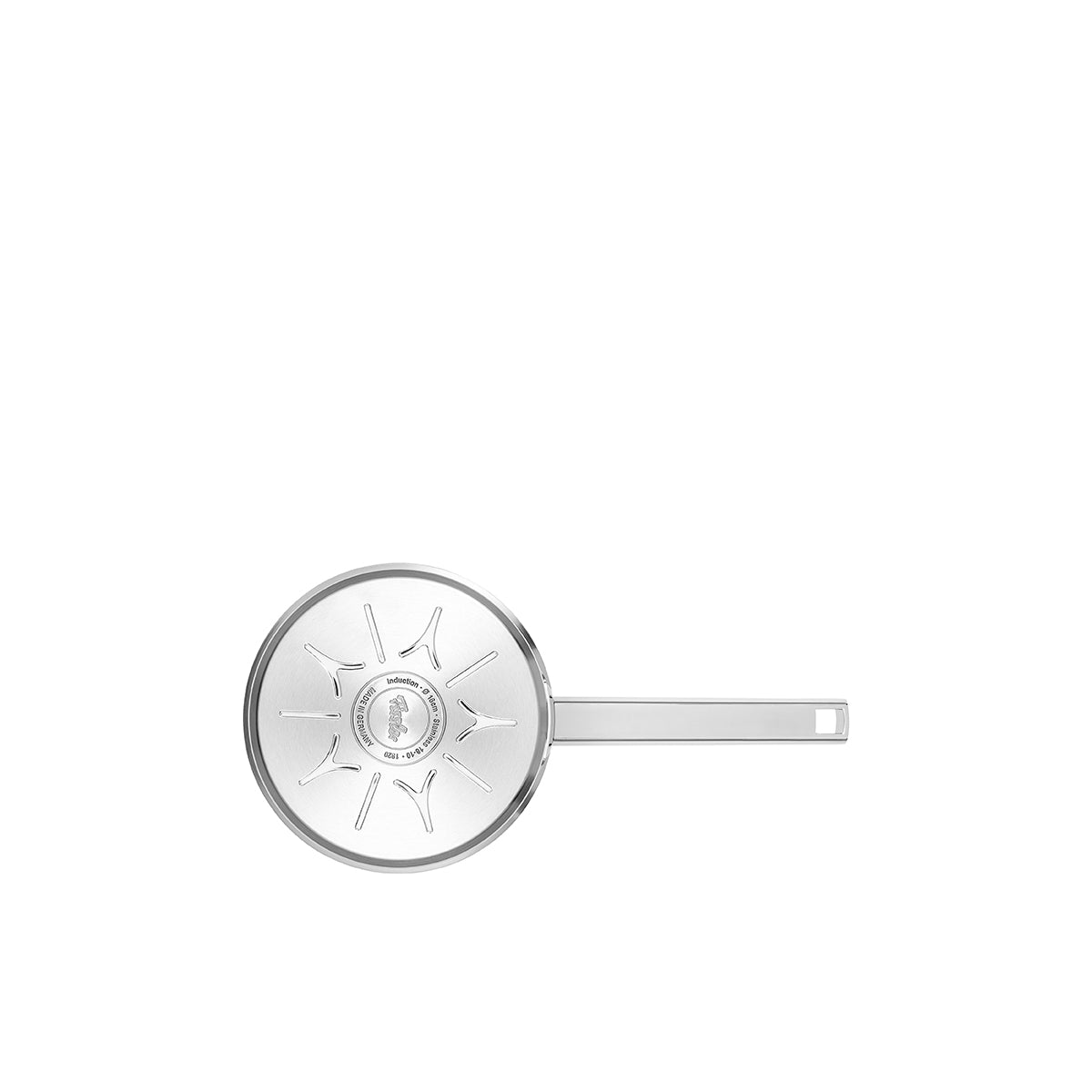Fissler Original-Profi 16 cm saucepan with handle made of high-quality 18/10 stainless steel, patterned base, long handle, on a white background.