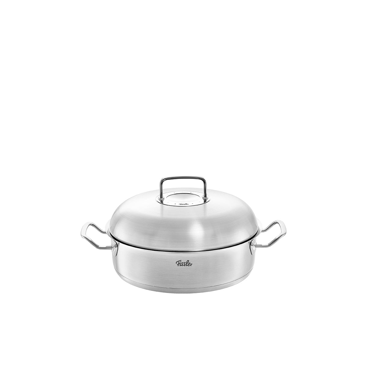 Fissler Original-Profi Collection® 28cm roaster with high dome lid, side handles, and logo, shown on a plain white background.