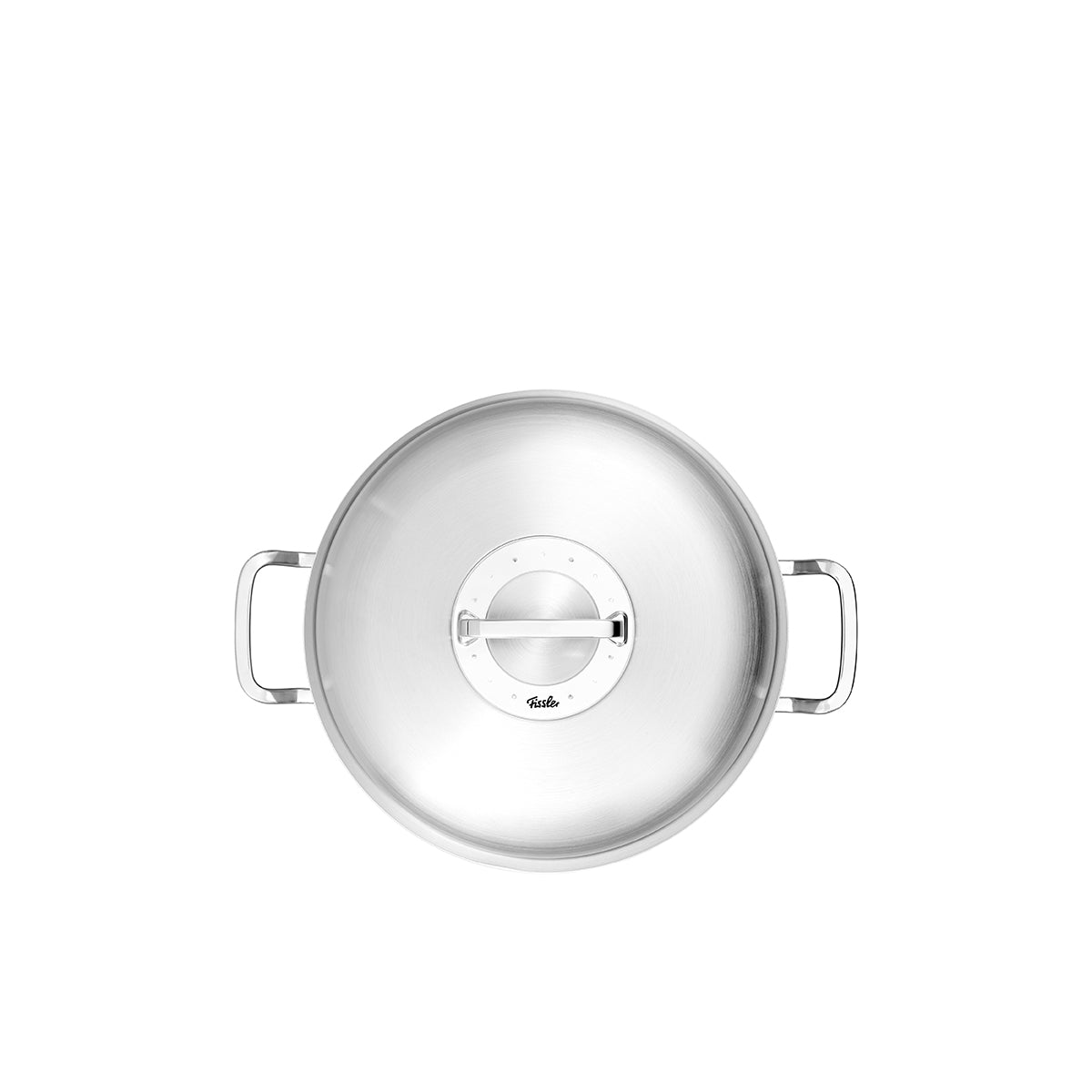 Experience German engineering: the Fissler Original-Profi Collection® Round Roaster 28cm, two handles, high-domed lid, top view.