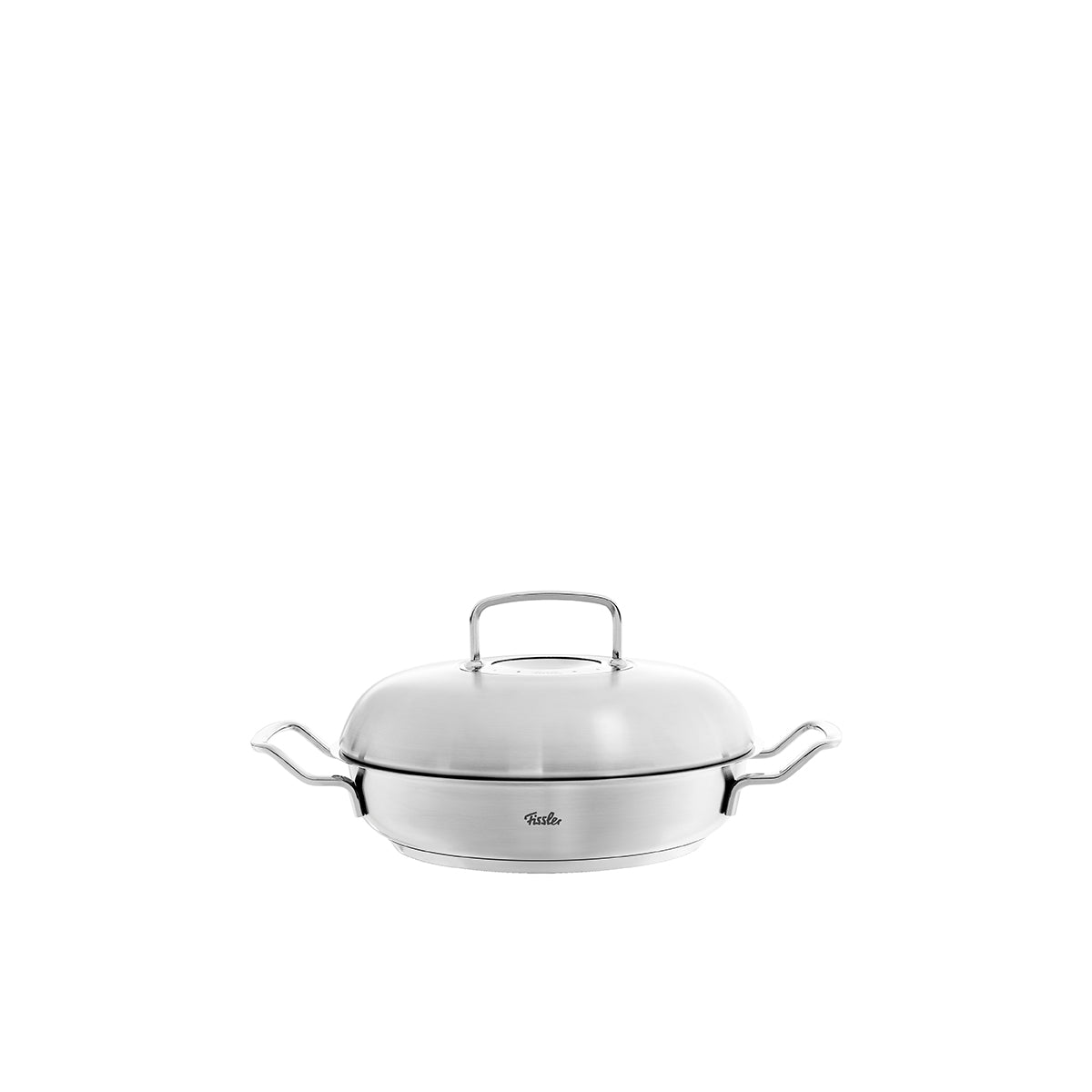 Fissler Original-Profi Collection® Serving Pan with Novogrill®, stainless steel, two handles, on a white background, modern design.