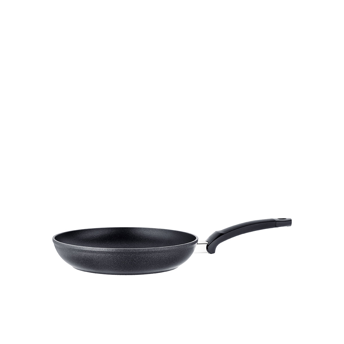 Fissler Levital®+ Classic Frying Pan in black recycled aluminum, with a curved handle. Precision-made, modern design on a plain white background.