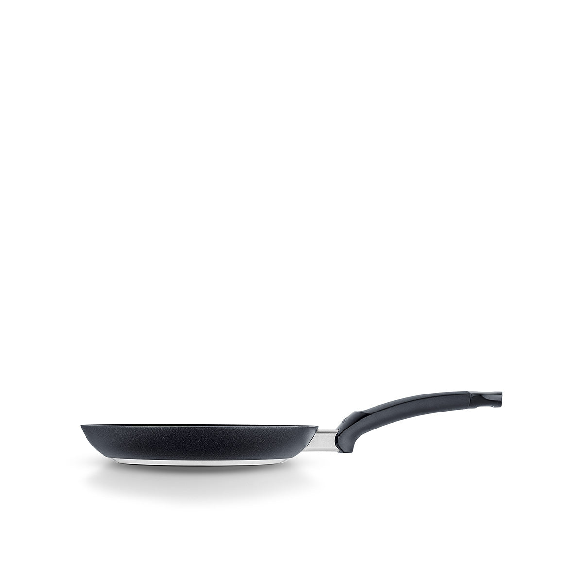Fissler Levital®+ Frying Pan, Precision Made in Germany, with Black Surface and Ergonomic Handle, Side View on White.