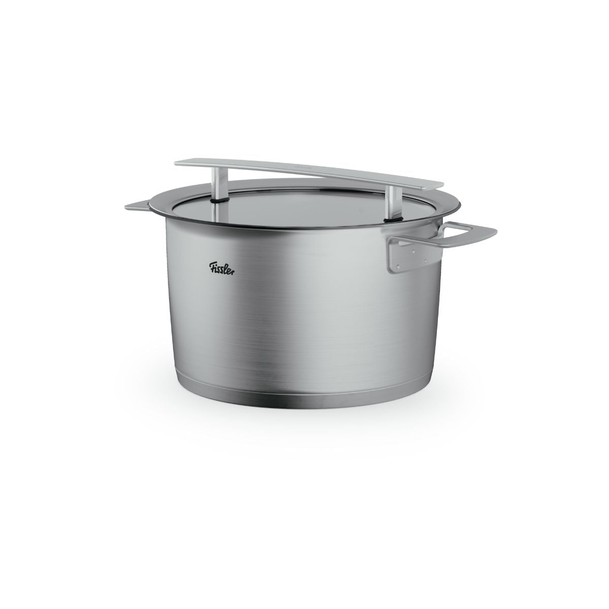 Fissler Phi Collection Tall Cooking Pot: precision-made stainless steel pot with Glass Lid, side handles, and Fissler logo.