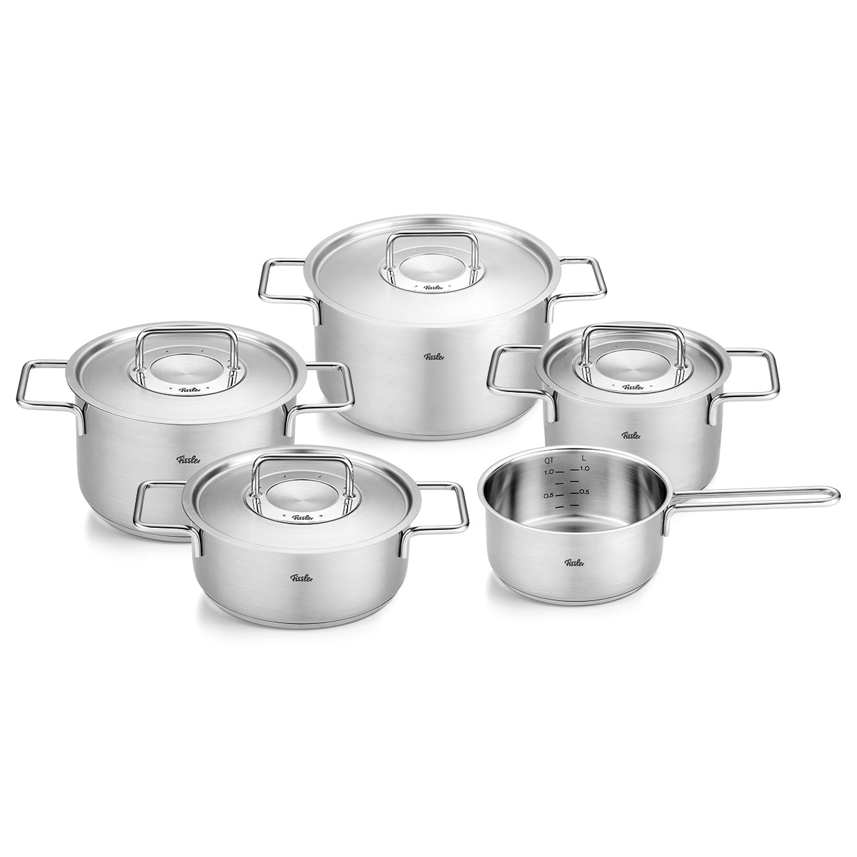 Fissler Pure Collection® 5-piece Cookware Set made from recycled stainless steel with metal lids on a white background; one pot has precise measuring marks.