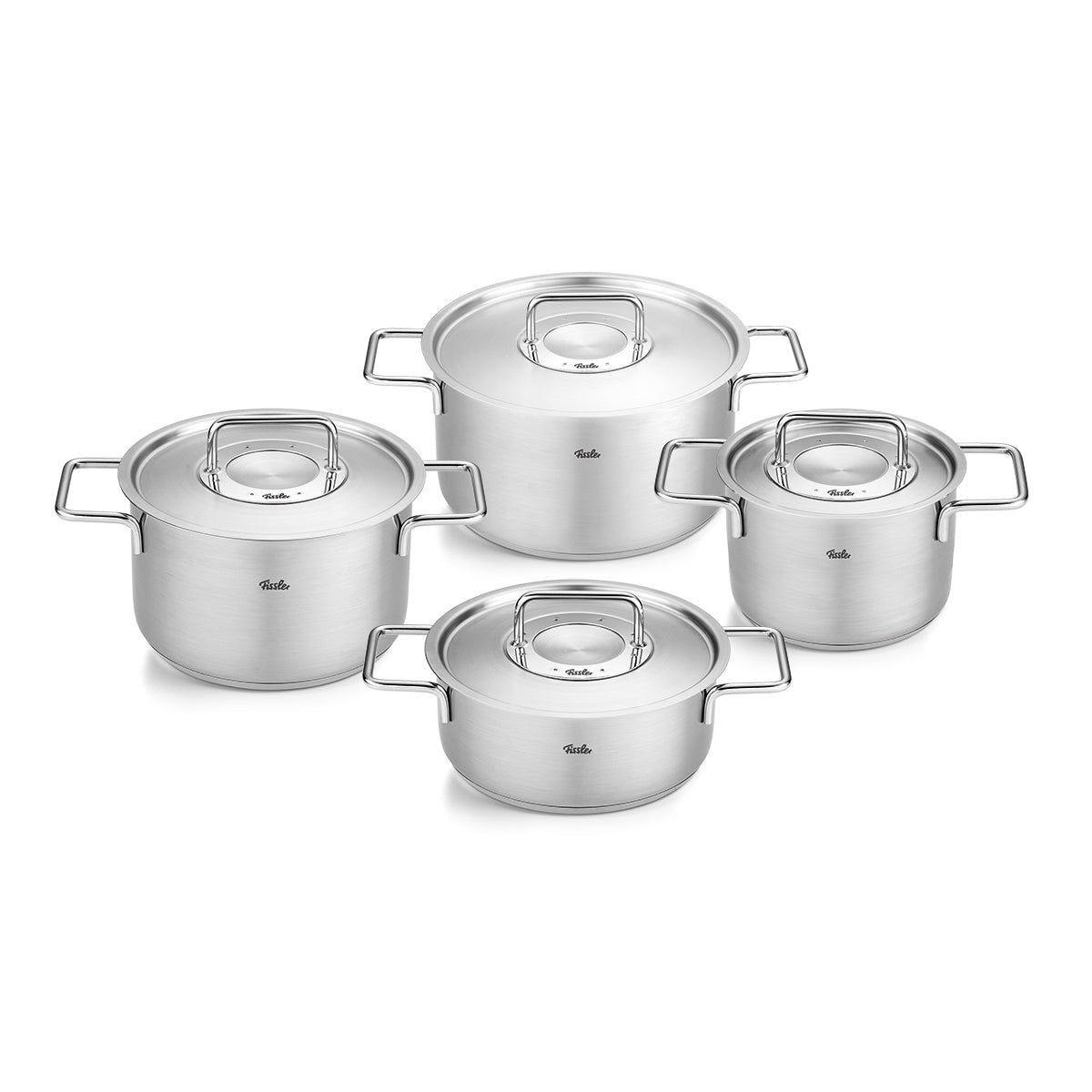 Fissler Pure Collection® 4-piece Cookware Set in stainless steel, precision-made in Germany, polished finish, on a white background.