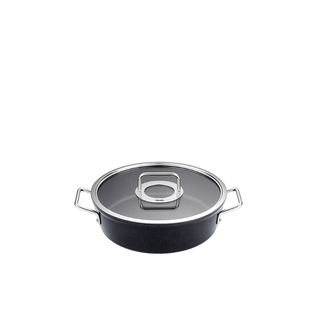 Fissler Adamant® Casserole Pot in black, with metal handles and Glass Lid. Scratch-resistant coating. Made in Germany. White background.