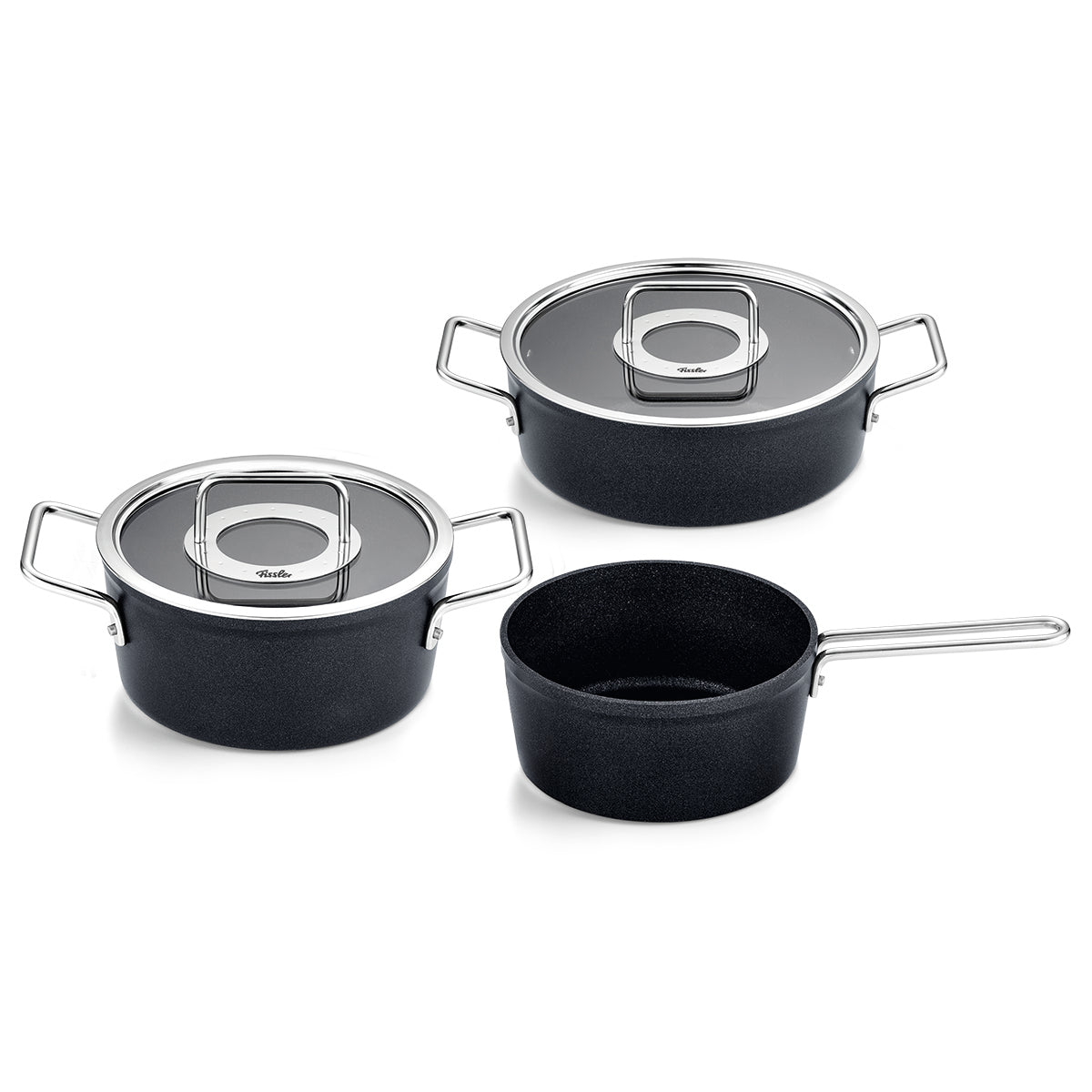 Fissler Adamant® 3-piece set: black pans with scratch-resistant coating, Glass Lid, square handles - made in Germany.