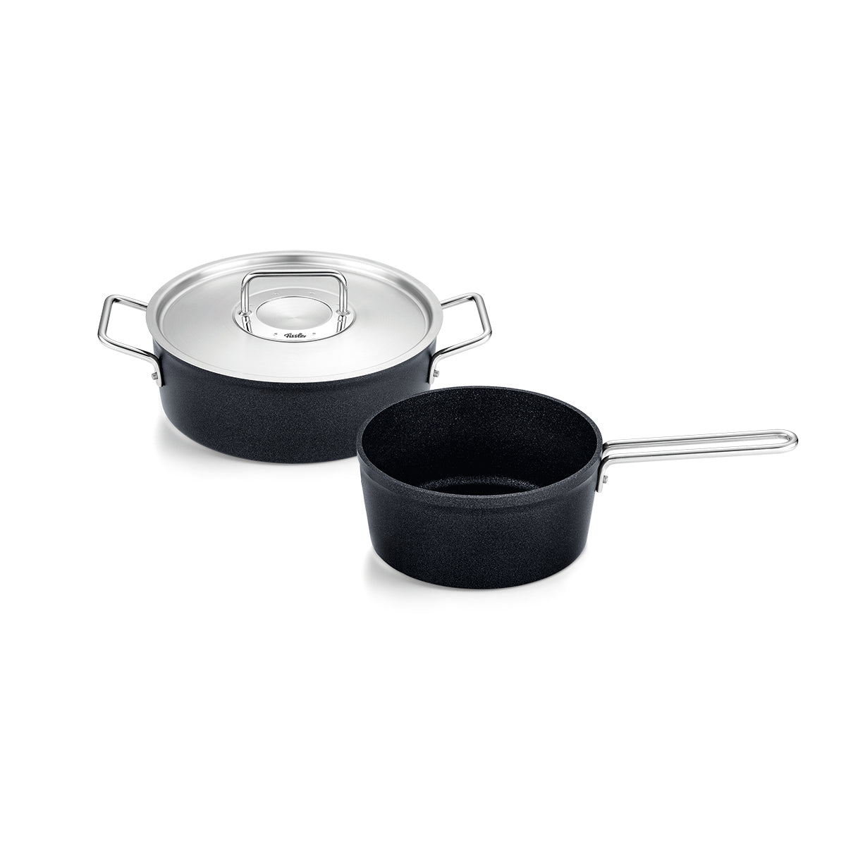 Fissler Adamant® 2-Piece Set: Black saucepan and pot with side handles, stainless steel lid, permanently non-stick. Made in Germany.