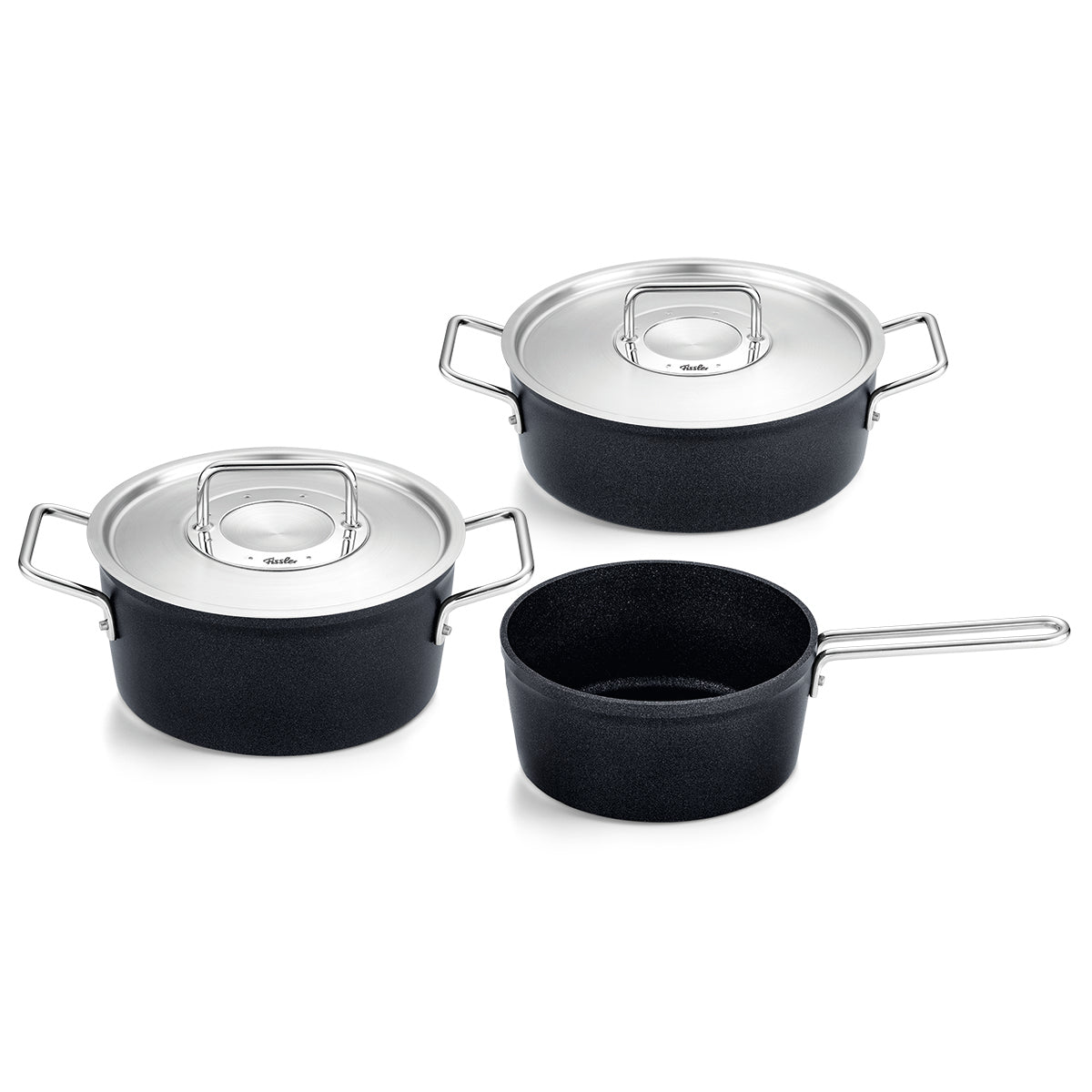 Fissler Adamant® 3-piece Cookware Set with metal lids - precisely made in Germany, durable Non-Stick Coating - on white background.