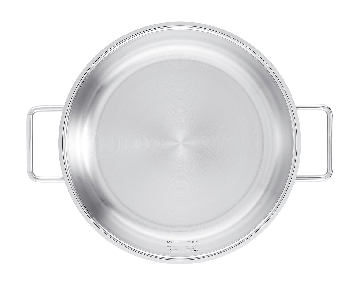 Top view of the Fissler Pure stainless steel two-handle serving pan, on a white background - timeless Fissler quality.