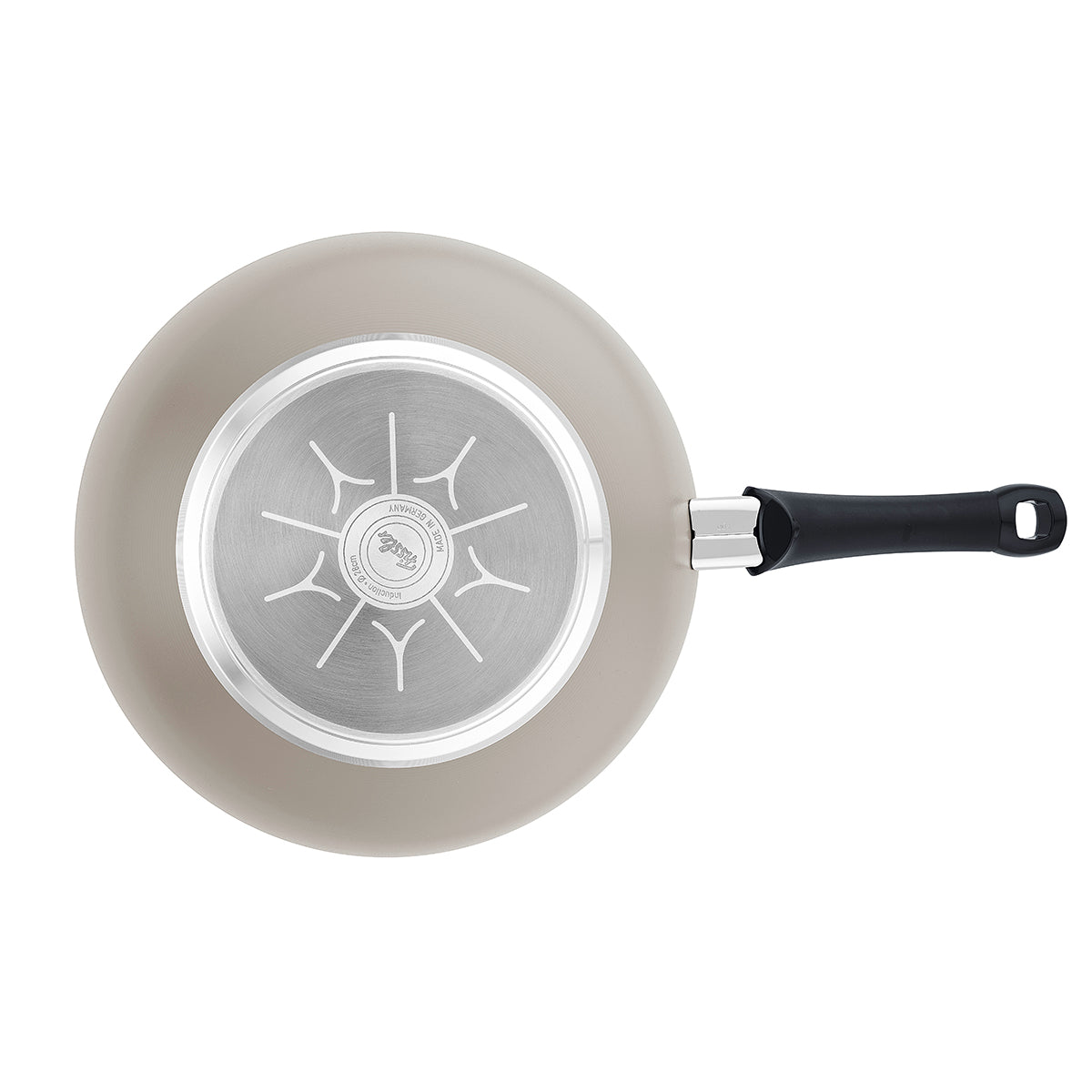Fissler Ceratal® Wok Pan, top view: beige ceramic coating, silver sunburst base, PTFE-free, black handle on the right. Made in Germany.