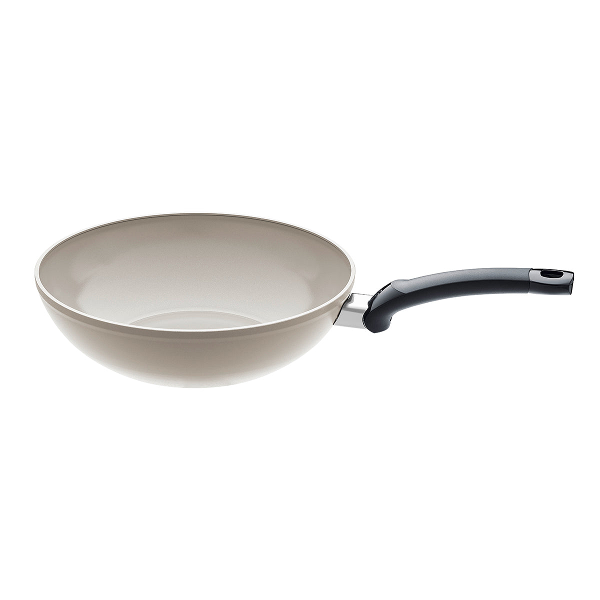 Fissler Ceratal® Wok pan in beige with durable ceramic coating and curved black handle, precisely made in Germany.