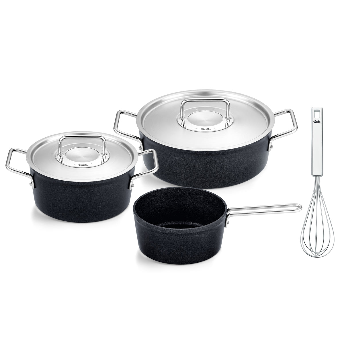 Fissler Adamant® 4-piece set: two pots with Lid, Saucepan and whisk. High-quality, scratch-resistant German craftsmanship since 1845.