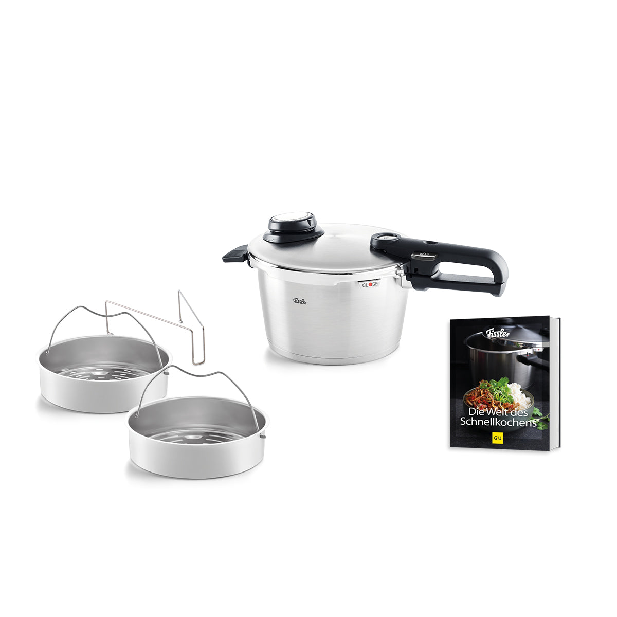 Erleben Sie das 2-teilige Fissler Vitavit® Premium-Schnellkochtopf-Set, seit 1845 ein Aushängeschild deutscher Ingenieurskunst. Dieses Set aus hochwertigem Edelstahl mit einem eleganten schwarzen Griff umfasst zwei robuste Dampfkörbe aus Metall, einen vielseitigen Einsatz sowie ein exklusives Kochbuch in deutscher Sprache mit Schnellkochtopf-Rezepten – perfekt präsentiert auf weißem Hintergrund. Fissler steht für Präzision, Langlebigkeit und zeitloses Design in jeder Küche.