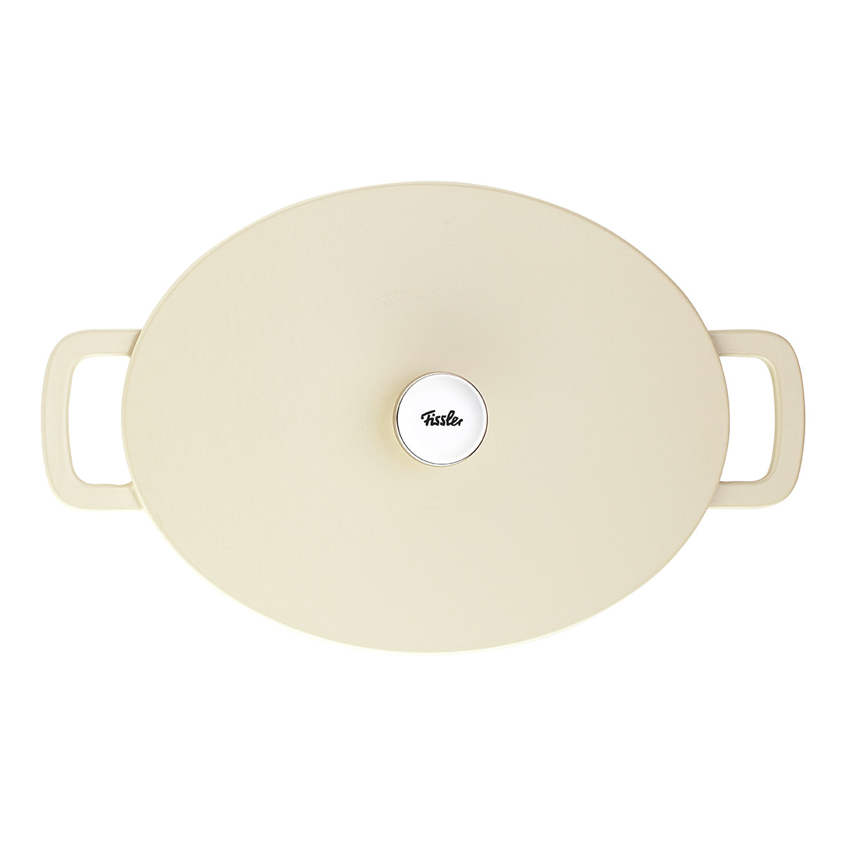 Draufsicht auf Fissler Moments Gusseisen Bräter in Creme mit aufgesetztem Deckel, zwei Griffen und dem typischen silbernen Fissler-Knauf.