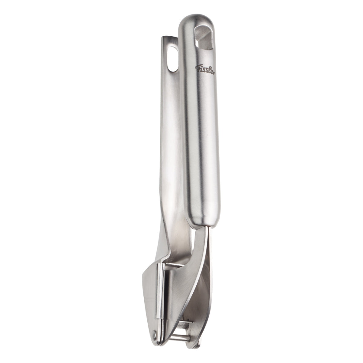 The Fissler Essential® stainless steel garlic press embodies modern German design and stands upright on a white background.
