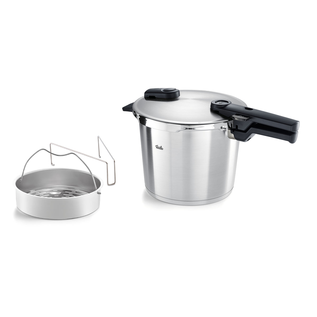 Fissler Vitaquick® Premium Stainless Steel Pressure Cooker with Steamer Insert and Trivet, Modern, Functional - Made in Germany.