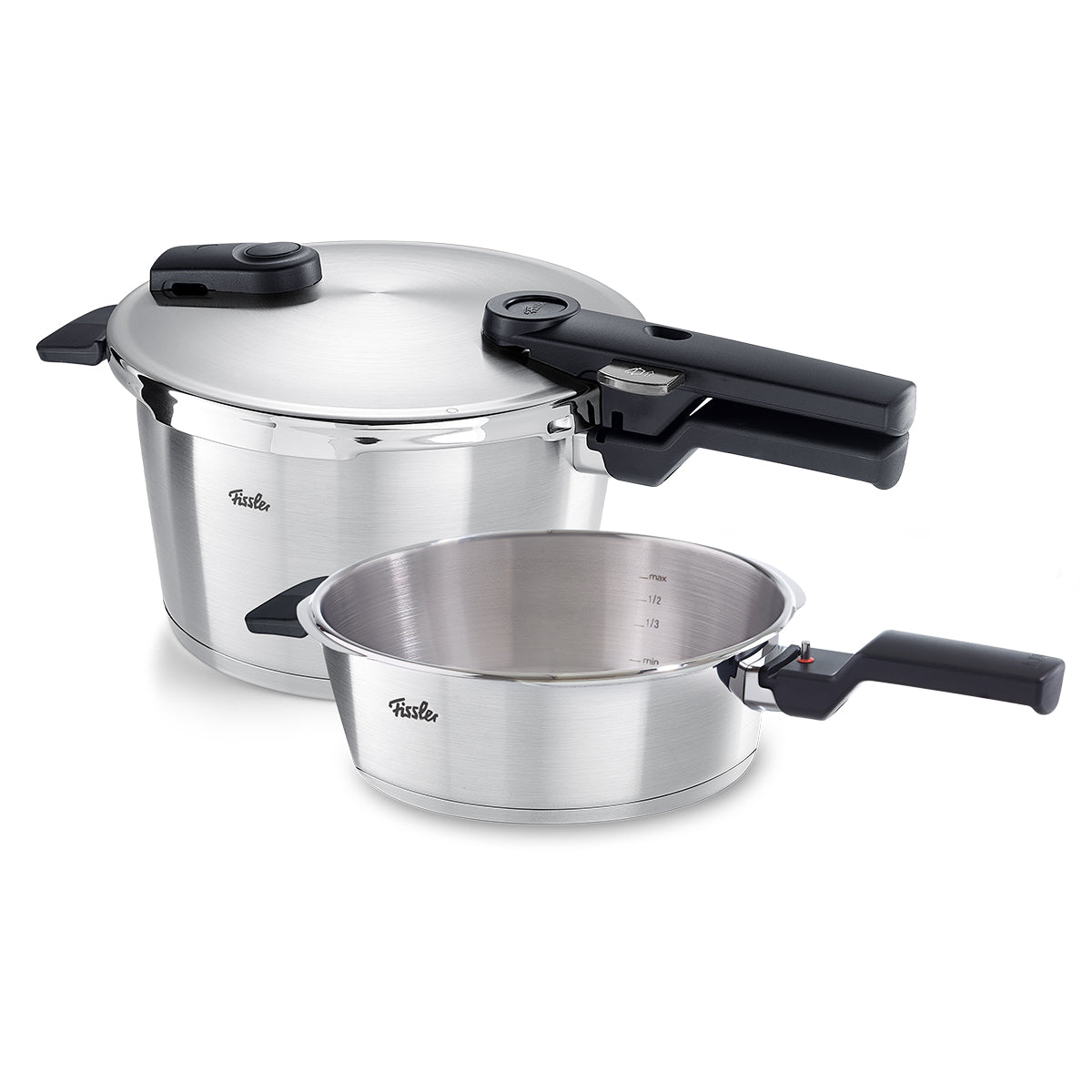 Two Fissler Vitaquick® Premium Pressure Cookers, 2.5L & 4.5L, made in Germany - one open, one closed with secure lid and indicator.