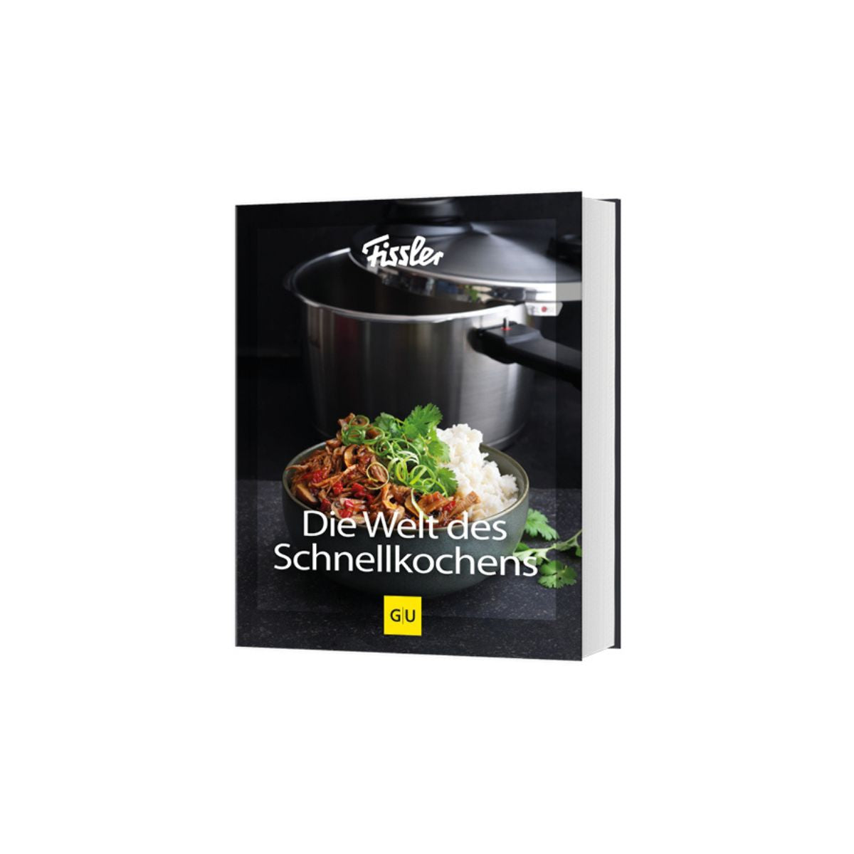 Fissler Vitavit® Premium 2-pc. Pressure Cooker Set 4.5L + Cookbook, with Herb Garnish, GU Logo Visible.