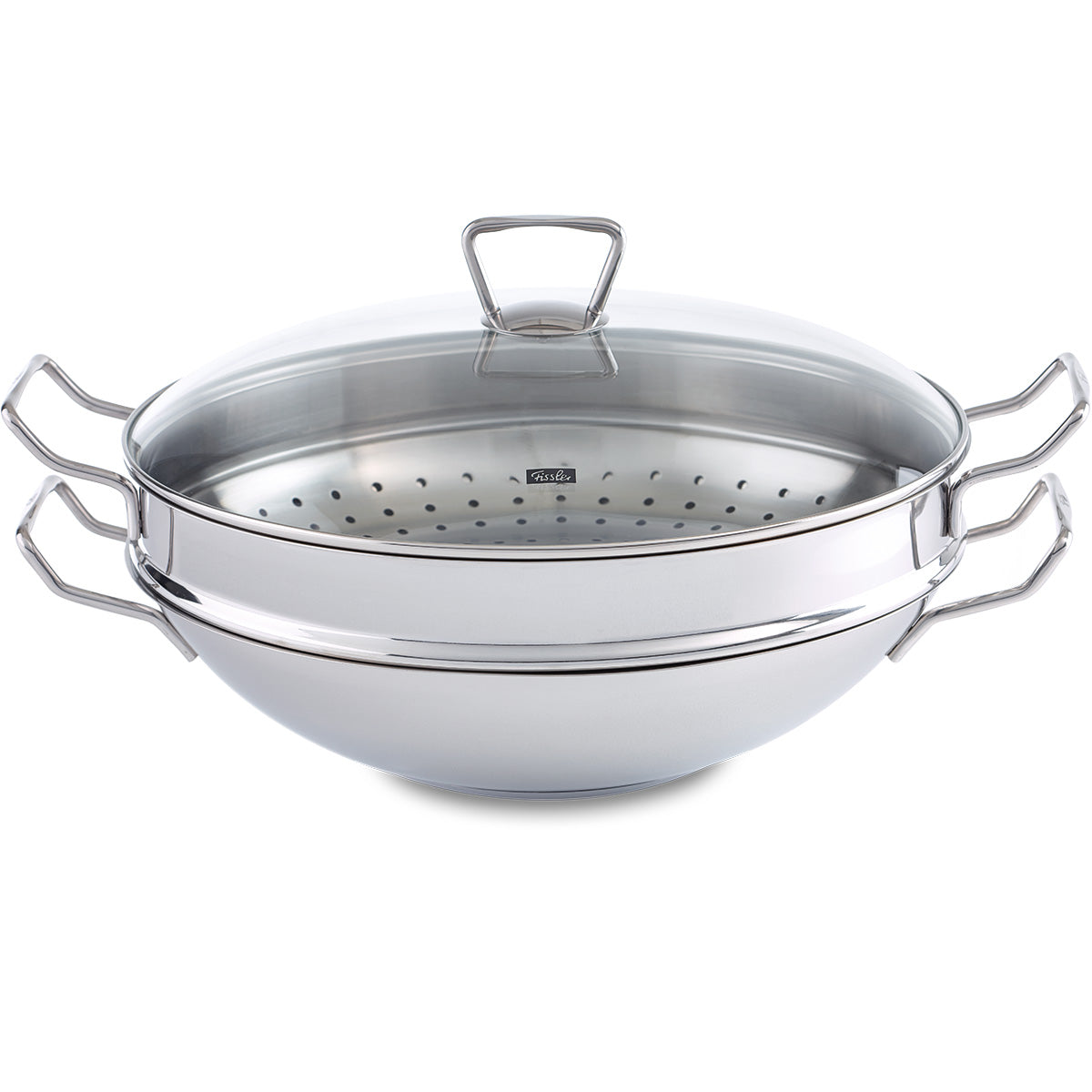 Fissler Nanjing Wok 36 cm, Stainless Steel, with Glass Lid and Steamer Insert. Modern Design, Two Handles. Perfect for Steaming.