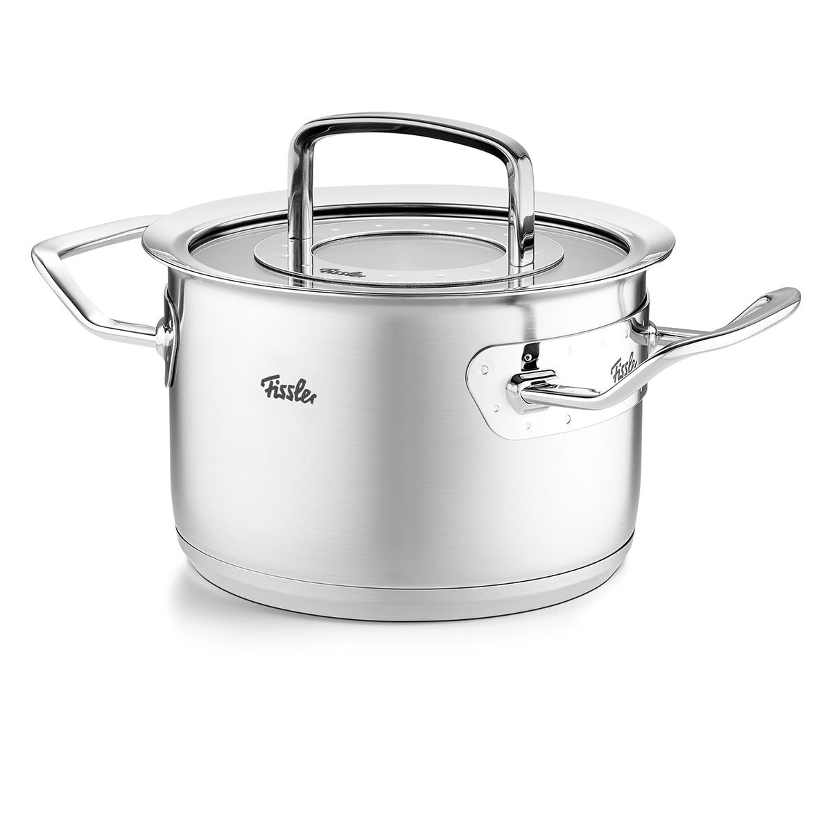 Fissler Original-Profi Collection® stainless steel pot with Glass Lid and two handles, suitable for induction. Made in Germany.