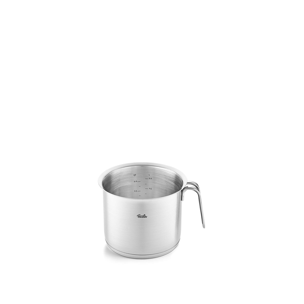 Fissler Original-Profi Collection® 16cm stainless steel milk pot, crafted with German precision, featuring internal quart and liter measurements.
