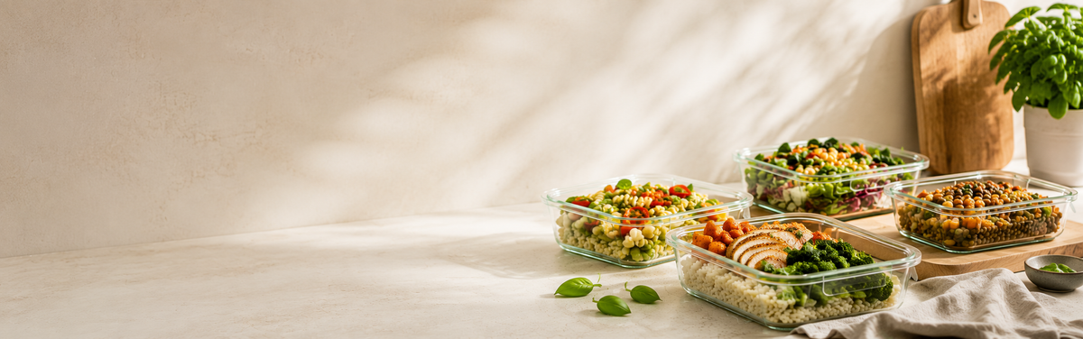 Four Fissler glass containers, crafted with precision and durability, showcase assorted healthy meals—grilled chicken, vegetables, and grains. The containers are elegantly arranged on a light kitchen counter beside fresh basil and a potted plant, reflecting Fissler’s timeless design heritage since 1845.