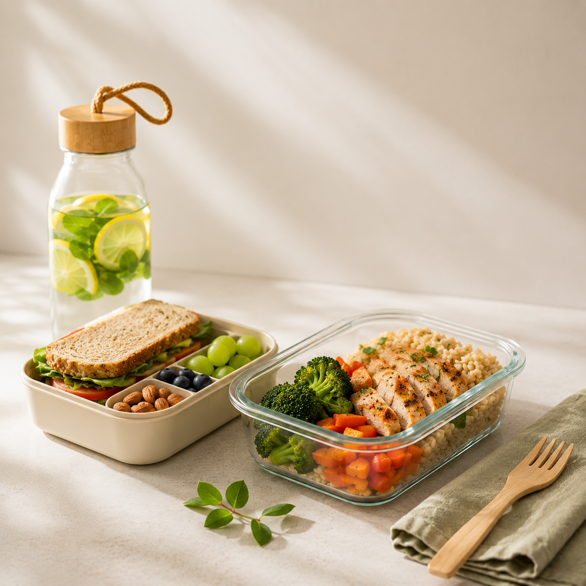 A nutritious lunch spread presented in Fissler’s premium glass containers, featuring grilled chicken, quinoa, broccoli, and carrots in one vessel, alongside a sandwich with grapes, almonds, and blueberries in another. The arrangement is complemented by a bottle of lemon water and set on a green napkin with a leaf—reflecting the durability and timeless design synonymous with Fissler’s German-engineered cookware and kitchen accessories.