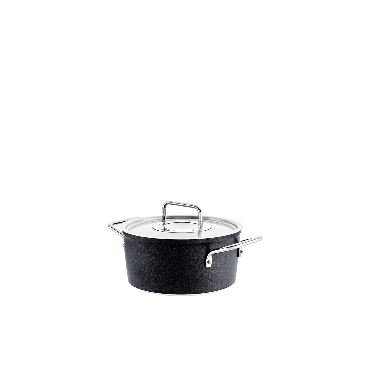 Fissler Adamant® Cooking Pot in black with Metal Lid, sturdy handles and scratch-resistant non-stick coating on a white background.