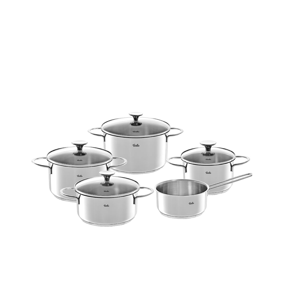 Fissler Copenhagen Cookware Set: 5 stainless steel pots with glass lids - energy-saving Cookware, suitable for induction, iconic German design.