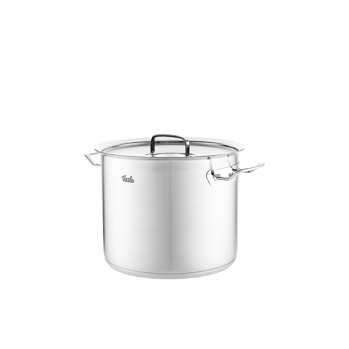 Fissler Original-Profi Collection® tall Cooking Pot in stainless steel with Metal Lid, Cookstar base, modern design on white.