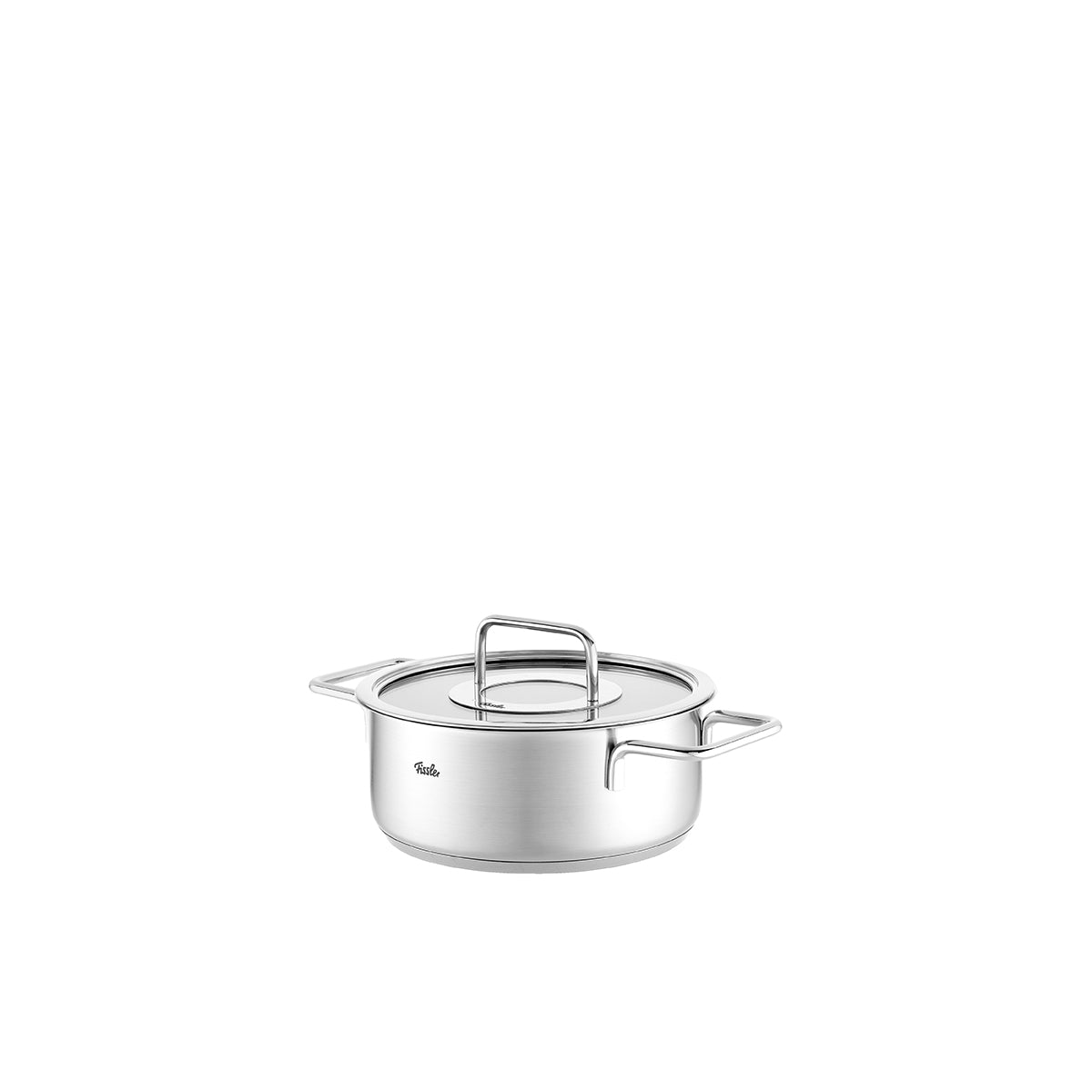 Fissler Pure Collection Casserole Pot with Glass Lid - modern German technology, stainless steel, two handles, on a white background.