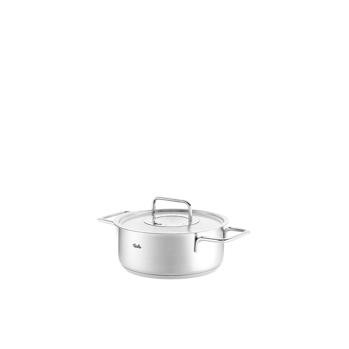 Fissler Pure Collection Casserole Pot, recycled stainless steel, two handles, Metal Lid; iconic German quality and timeless design.