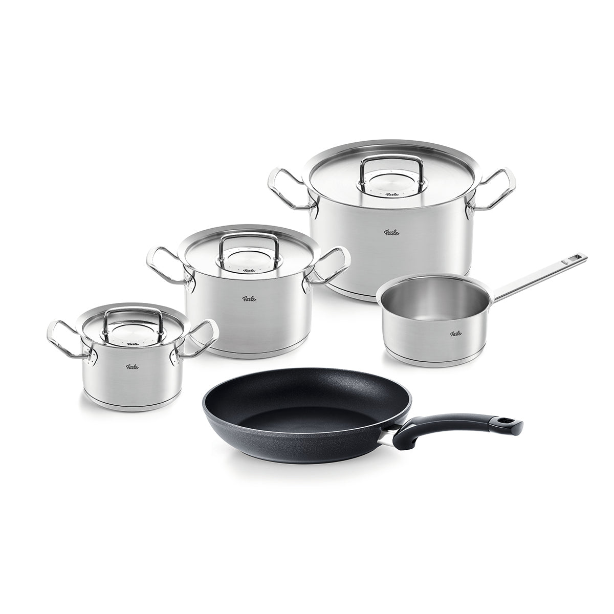 Experience Fissler’s German engineering heritage with the Original-Profi Collection® 5-piece pot set and Levital®+ Classic 26 cm frying pan. Shown are three premium stainless steel pots with lids, one long-handled saucepan featuring our innovative Cookstar Allherdboden for optimal heat distribution, and a 26 cm Levital®+ Classic nonstick frying pan with a sleek black handle. Each piece reflects Fissler’s renowned durability, precision, and timeless design, displayed elegantly on a white background.