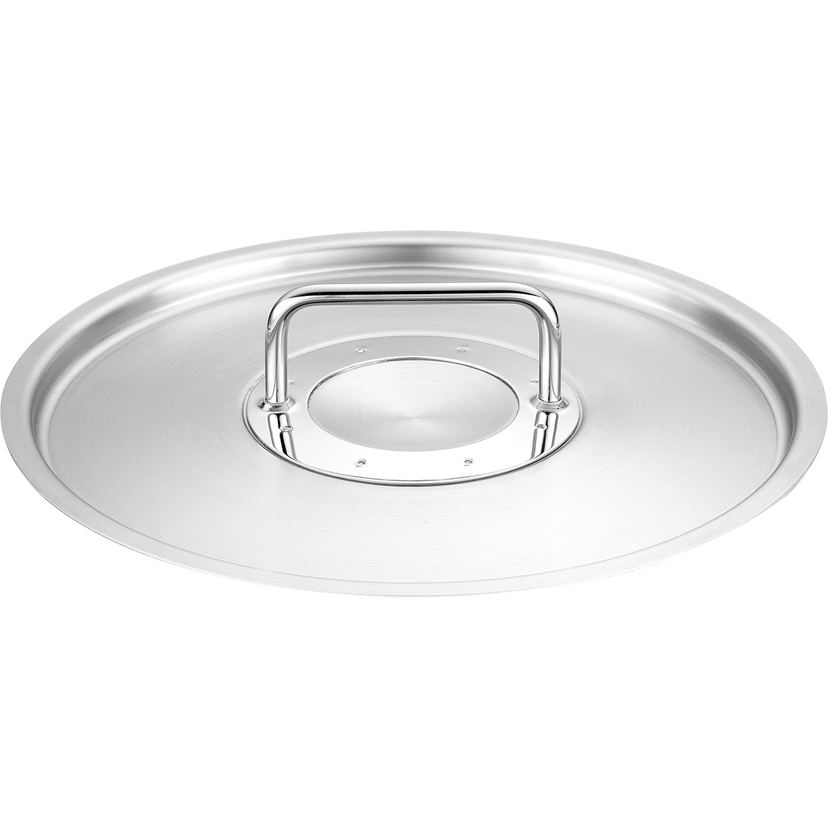 Fissler Pure Collection 24 cm stainless steel lid, flat and round with an ergonomic handle. Modern, timeless German design on a white background.