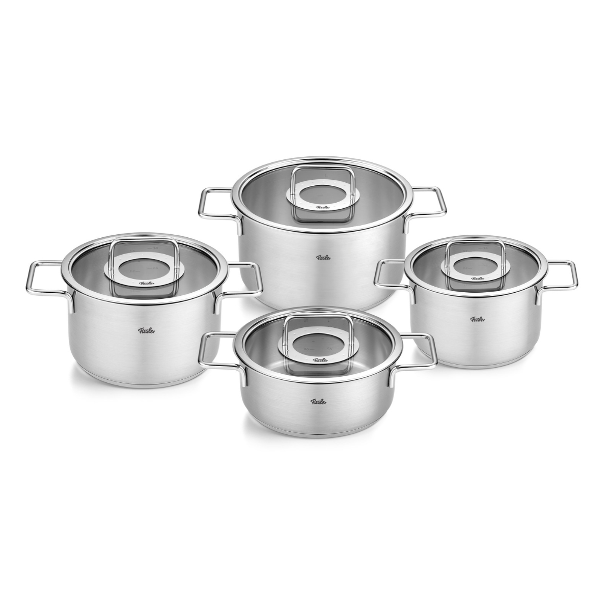 Fissler Pure Collection® 4-teiliges Kochgeschirrset: vier hochwertige Edelstahltöpfe in verschiedenen Größen, jeweils mit präzise gefertigten Seitengriffen und robusten Glasdeckeln.