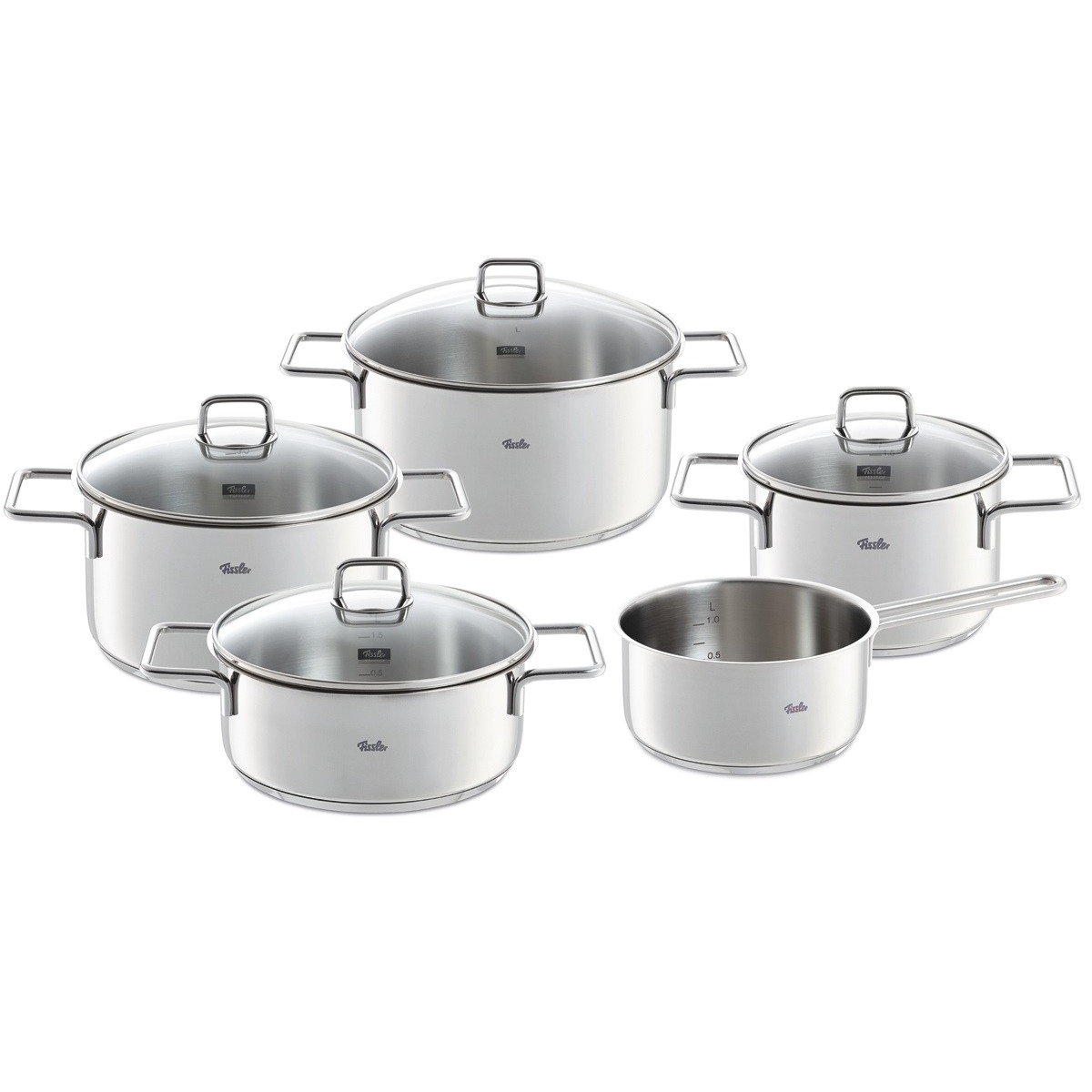 Fissler LumiTherm 5-teiliges Kochgeschirrset mit Glasdeckeln, bestehend aus vier Edelstahltöpfen und einem Kochtopf, präzise für Induktionskochfelder entwickelt und ein Symbol für traditionelle deutsche Qualität.