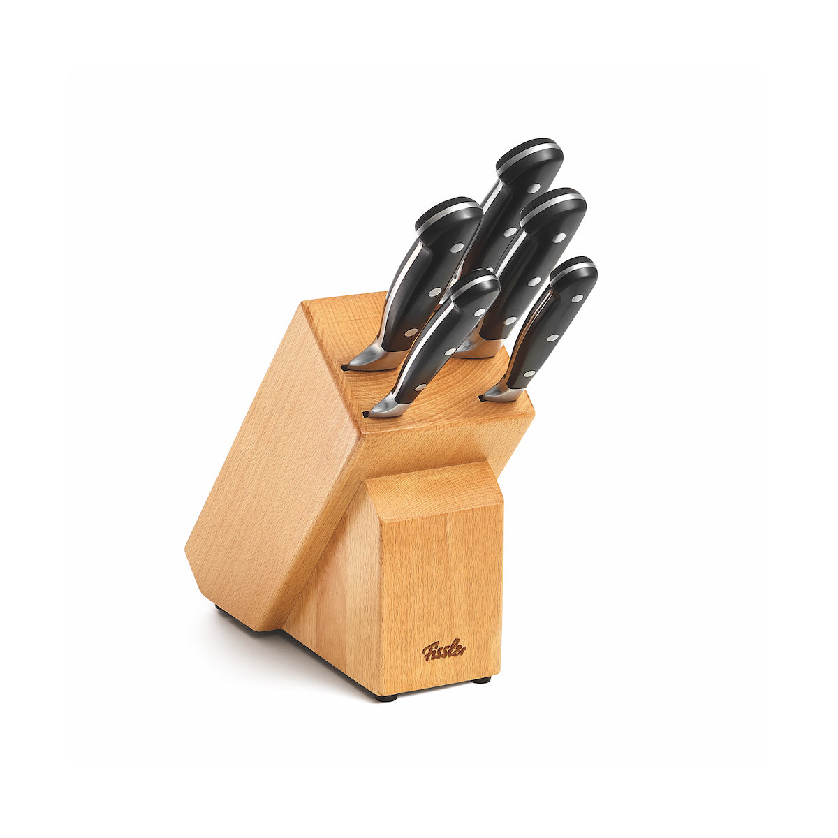 Fissler Alaska Knife Block, 6-piece set: five knives made of CNC-milled wood, black handles. German precision steel on a white base.