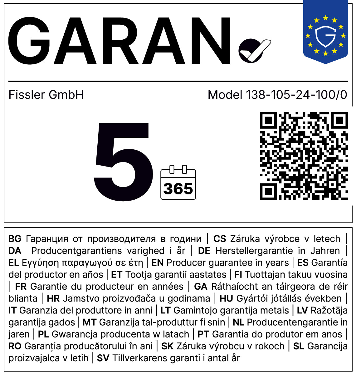 GARAN-Siegel für 5 Jahre Garantie Jahre freiwillige Herstellergarantie.