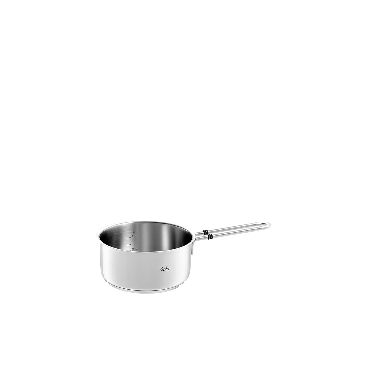 A Fissler Bonn stainless steel saucepan without lid, featuring a Superthermic base and interior measurement markings, reflecting the brand’s heritage of precision German engineering.