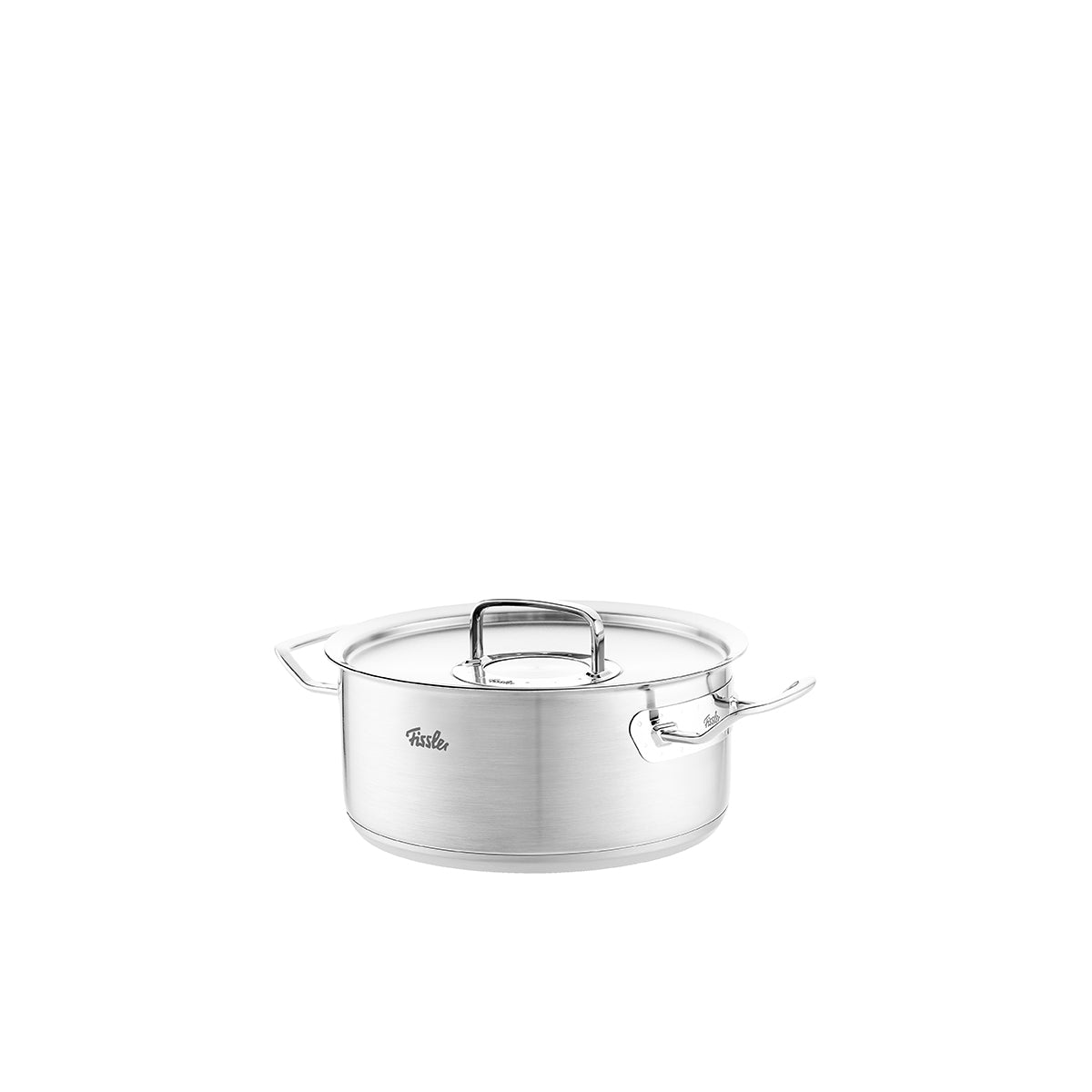 The Fissler Original-Profi Collection® Casserole Pot, stainless steel with Metal Lid and side handles, shown on a white background.