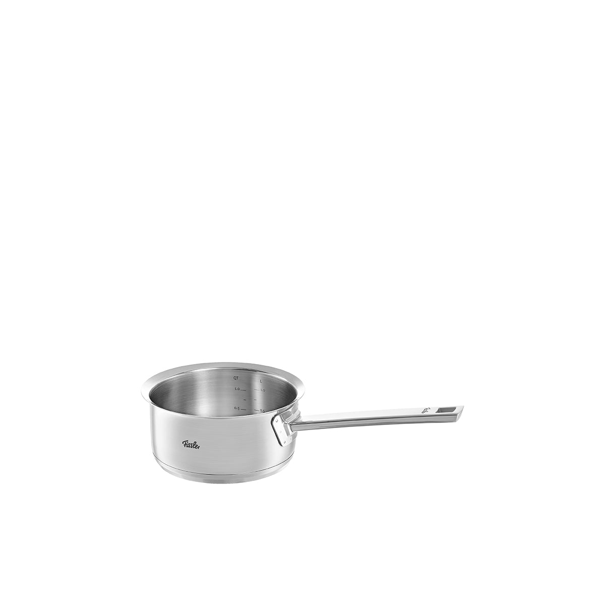 Fissler Original-Profi Collection® 4-teiliges Topfset aus Edelstahl mit Metalldeckeln, Innenmarkierungen und langen Griffen auf Weiß.